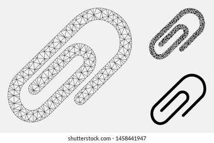 Mesh paperclip model with triangle mosaic icon. Wire carcass polygonal network of paperclip. Vector composition of triangle parts in variable sizes, and color tinges. Abstract flat mesh paperclip,