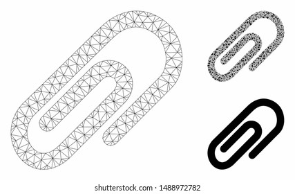 Mesh paperclip model with triangle mosaic icon. Wire frame polygonal mesh of paperclip. Vector mosaic of triangle parts in different sizes, and color tinges. Abstract 2d mesh paperclip,