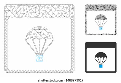 Mesh parachute calendar page model with triangle mosaic icon. Wire carcass polygonal mesh of parachute calendar page. Vector mosaic of triangle elements in different sizes, and color hues.