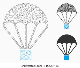 Mesh parachute model with triangle mosaic icon. Wire frame triangular mesh of parachute. Vector mosaic of triangle parts in various sizes, and color hues. Abstract 2d mesh parachute,