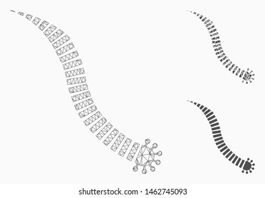 Mesh parasite worm model with triangle mosaic icon. Wire frame triangular mesh of parasite worm. Vector composition of triangle parts in variable sizes, and color tints.