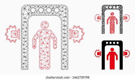 Mesh passenger screening model with triangle mosaic icon. Wire frame triangular network of passenger screening. Vector collage of triangle parts in different sizes, and color tinges.