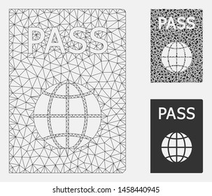 Mesh passport model with triangle mosaic icon. Wire frame polygonal mesh of passport. Vector mosaic of triangle elements in different sizes, and color tints. Abstract flat mesh passport,