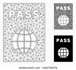 Mesh passport model with triangle mosaic icon. Wire carcass triangular mesh of passport. Vector mosaic of triangle parts in various sizes, and color tinges. Abstract flat mesh passport,