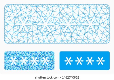 Mesh password stars model with triangle mosaic icon. Wire frame polygonal mesh of password stars. Vector mosaic of triangle parts in different sizes, and color shades.