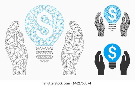 Mesh patent care model with triangle mosaic icon. Wire carcass polygonal network of patent care. Vector mosaic of triangle elements in various sizes, and color tints. Abstract 2d mesh patent care,
