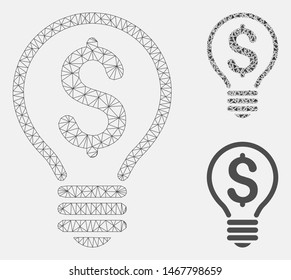 Mesh patent model with triangle mosaic icon. Wire carcass triangular mesh of patent. Vector mosaic of triangle parts in various sizes, and color hues. Abstract flat mesh patent,