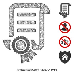 Mesh patent web icon vector illustration. Abstraction is based on patent flat icon. Mesh forms abstract patent flat model. Wire frame 2D web network isolated on a white background.