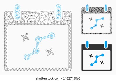 Mesh path points calendar day model with triangle mosaic icon. Wire carcass triangular mesh of path points calendar day. Vector composition of triangle parts in variable sizes, and color tones.