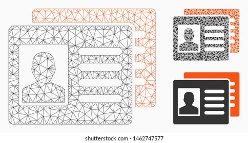 Mesh patient accounts model with triangle mosaic icon. Wire carcass polygonal mesh of patient accounts. Vector collage of triangle elements in different sizes, and color tones.