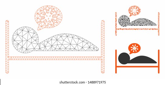 Mesh patient bed model with triangle mosaic icon. Wire carcass triangular mesh of patient bed. Vector mosaic of triangle parts in various sizes, and color hues. Abstract flat mesh patient bed,