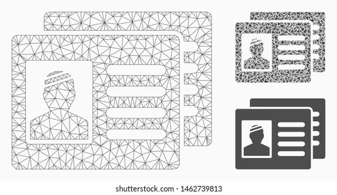 Mesh patient cards model with triangle mosaic icon. Wire frame polygonal network of patient cards. Vector mosaic of triangle parts in variable sizes, and color tinges. Abstract 2d mesh patient cards,