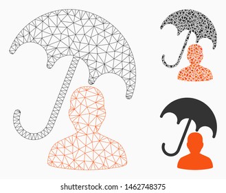Mesh patient care umbrella model with triangle mosaic icon. Wire carcass triangular mesh of patient care umbrella. Vector composition of triangle parts in various sizes, and color tinges.