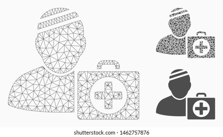 Mesh patient first aid case model with triangle mosaic icon. Wire frame polygonal mesh of patient first aid case. Vector mosaic of triangle elements in variable sizes, and color tones.