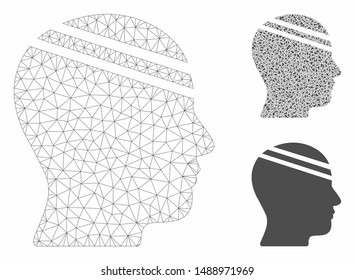 Mesh patient head model with triangle mosaic icon. Wire carcass triangular mesh of patient head. Vector mosaic of triangle elements in various sizes, and color tints. Abstract 2d mesh patient head,