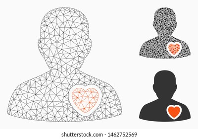 Mesh patient heart model with triangle mosaic icon. Wire carcass polygonal mesh of patient heart. Vector mosaic of triangle parts in various sizes, and color hues. Abstract 2d mesh patient heart,