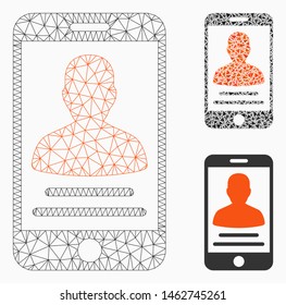 Mesh patient mobile account model with triangle mosaic icon. Wire carcass triangular mesh of patient mobile account. Vector collage of triangle parts in variable sizes, and color tints.