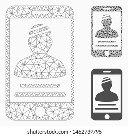 Mesh patient mobile model with triangle mosaic icon. Wire carcass triangular mesh of patient mobile. Vector mosaic of triangle parts in variable sizes, and color tinges.