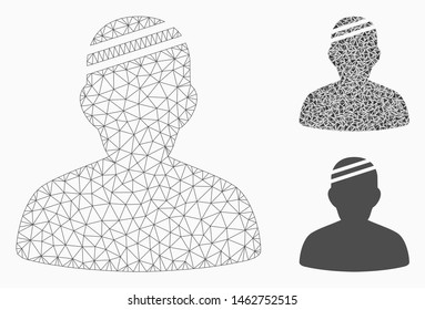 Mesh patient model with triangle mosaic icon. Wire frame polygonal mesh of patient. Vector collage of triangle elements in different sizes, and color tinges. Abstract 2d mesh patient,