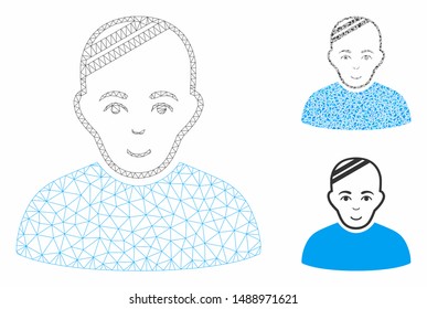 Mesh patient model with triangle mosaic icon. Wire carcass polygonal mesh of patient. Vector mosaic of triangles in various sizes, and color tones. Abstract 2d mesh patient,