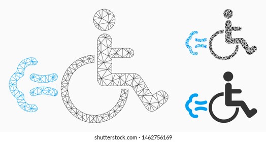 Mesh patient movement model with triangle mosaic icon. Wire frame triangular mesh of patient movement. Vector composition of triangle elements in various sizes, and color tinges.