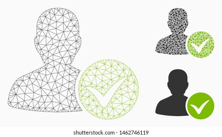 Mesh patient OK model with triangle mosaic icon. Wire carcass triangular mesh of patient OK. Vector mosaic of triangle parts in variable sizes, and color tones. Abstract flat mesh patient OK,