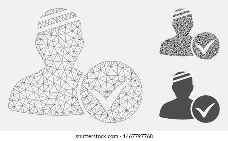 Mesh patient OK model with triangle mosaic icon. Wire frame triangular mesh of patient OK. Vector mosaic of triangle parts in variable sizes, and color shades. Abstract 2d mesh patient OK,