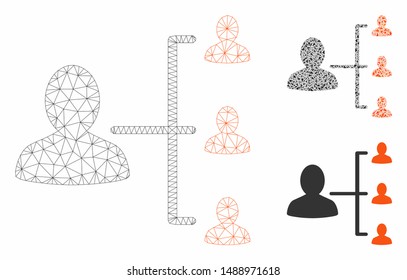 Mesh patient relations model with triangle mosaic icon. Wire carcass polygonal mesh of patient relations. Vector mosaic of triangle elements in variable sizes, and color tinges.