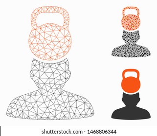 Mesh patient stress model with triangle mosaic icon. Wire carcass triangular mesh of patient stress. Vector collage of triangle parts in various sizes, and color shades.