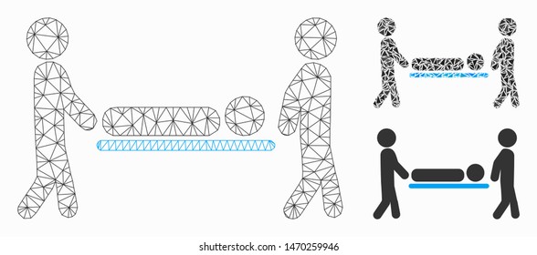 Mesh patient transportation model with triangle mosaic icon. Wire frame triangular mesh of patient transportation. Vector mosaic of triangle elements in different sizes, and color shades.