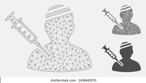 Mesh patient vaccination model with triangle mosaic icon. Wire frame triangular mesh of patient vaccination. Vector mosaic of triangles in different sizes, and color tones.