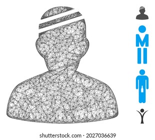 Mesh Patient Web 2d Vektorgrafik. Das Modell des Schlachtkörpers basiert auf dem flachen Symbol des Patienten. Net bildet abstraktes Patientenflachmodell. Wire-Frame-Flachnetz einzeln auf weißem Hintergrund.