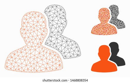 Mesh patients model with triangle mosaic icon. Wire carcass polygonal mesh of patients. Vector mosaic of triangles in different sizes, and color shades. Abstract flat mesh patients,