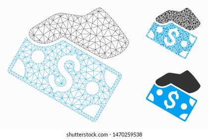 Mesh pay cash model with triangle mosaic icon. Wire carcass polygonal mesh of pay cash. Vector mosaic of triangles in variable sizes, and color tones. Abstract 2d mesh pay cash,