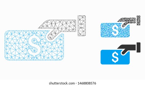 Mesh pay model with triangle mosaic icon. Wire carcass triangular mesh of pay. Vector composition of triangle parts in variable sizes, and color tints. Abstract flat mesh pay,