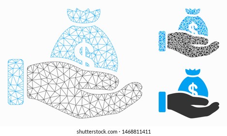 Mesh payment hand model with triangle mosaic icon. Wire frame triangular mesh of payment hand. Vector composition of triangle elements in different sizes, and color tints.