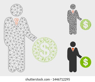 Mesh payment model with triangle mosaic icon. Wire carcass polygonal network of payment. Vector mosaic of triangle parts in various sizes, and color tints. Abstract 2d mesh payment,