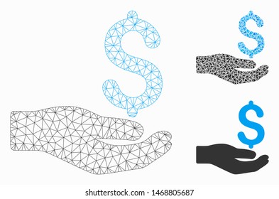 Mesh payment model with triangle mosaic icon. Wire carcass triangular mesh of payment. Vector composition of triangle elements in various sizes, and color tints. Abstract 2d mesh payment,