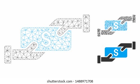 Mesh payment model with triangle mosaic icon. Wire carcass triangular mesh of payment. Vector mosaic of triangle elements in different sizes, and color tints. Abstract 2d mesh payment,