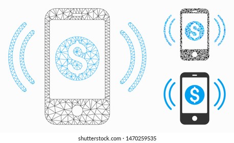 Mesh payment phone ring model with triangle mosaic icon. Wire carcass triangular mesh of payment phone ring. Vector mosaic of triangle elements in variable sizes, and color tinges.