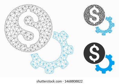 Mesh payment tools model with triangle mosaic icon. Wire carcass triangular mesh of payment tools. Vector mosaic of triangle parts in various sizes, and color tints. Abstract 2d mesh payment tools,