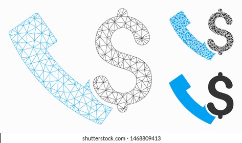 Mesh payphone model with triangle mosaic icon. Wire carcass polygonal mesh of payphone. Vector composition of triangles in various sizes, and color shades. Abstract flat mesh payphone,