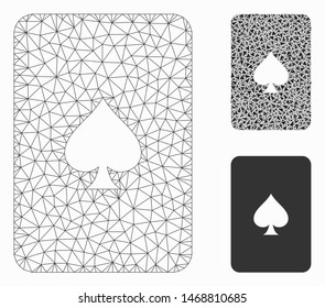 Mesh peaks playing card model with triangle mosaic icon. Wire carcass triangular mesh of peaks playing card. Vector mosaic of triangle parts in various sizes, and color tints.