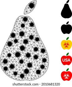 Mesh pear polygonal icon vector illustration, with black Covid centers. Carcass model is based on pear flat icon, with infectious centers and triangle mesh.