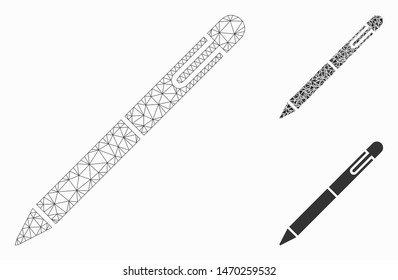 Mesh pen model with triangle mosaic icon. Wire carcass polygonal mesh of pen. Vector mosaic of triangles in different sizes, and color hues. Abstract flat mesh pen, designed with polygonal grid.