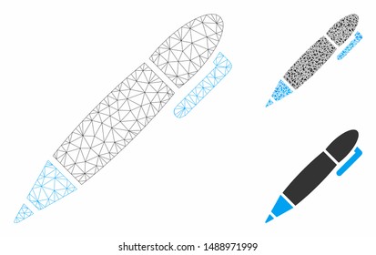 Mesh pen model with triangle mosaic icon. Wire carcass triangular mesh of pen. Vector mosaic of triangle parts in variable sizes, and color tinges. Abstract flat mesh pen, built from triangular grid.