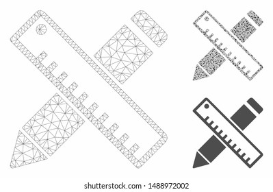 Mesh pen and ruler design tools model with triangle mosaic icon. Wire frame triangular mesh of pen and ruler design tools. Vector collage of triangle elements in variable sizes, and color shades.