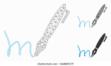 Mesh pen signature model with triangle mosaic icon. Wire carcass triangular mesh of pen signature. Vector mosaic of triangle parts in various sizes, and color shades. Abstract 2d mesh pen signature,