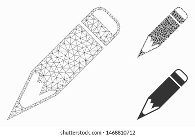 Mesh pencil model with triangle mosaic icon. Wire frame triangular mesh of pencil. Vector collage of triangle parts in variable sizes, and color tones. Abstract flat mesh pencil,