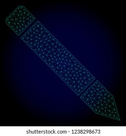 Mesh pencil polygonal illustration. Abstract mesh lines, triangles and points on dark background with pencil. Wire frame 2D polygonal line network in vector format on a dark blue background.